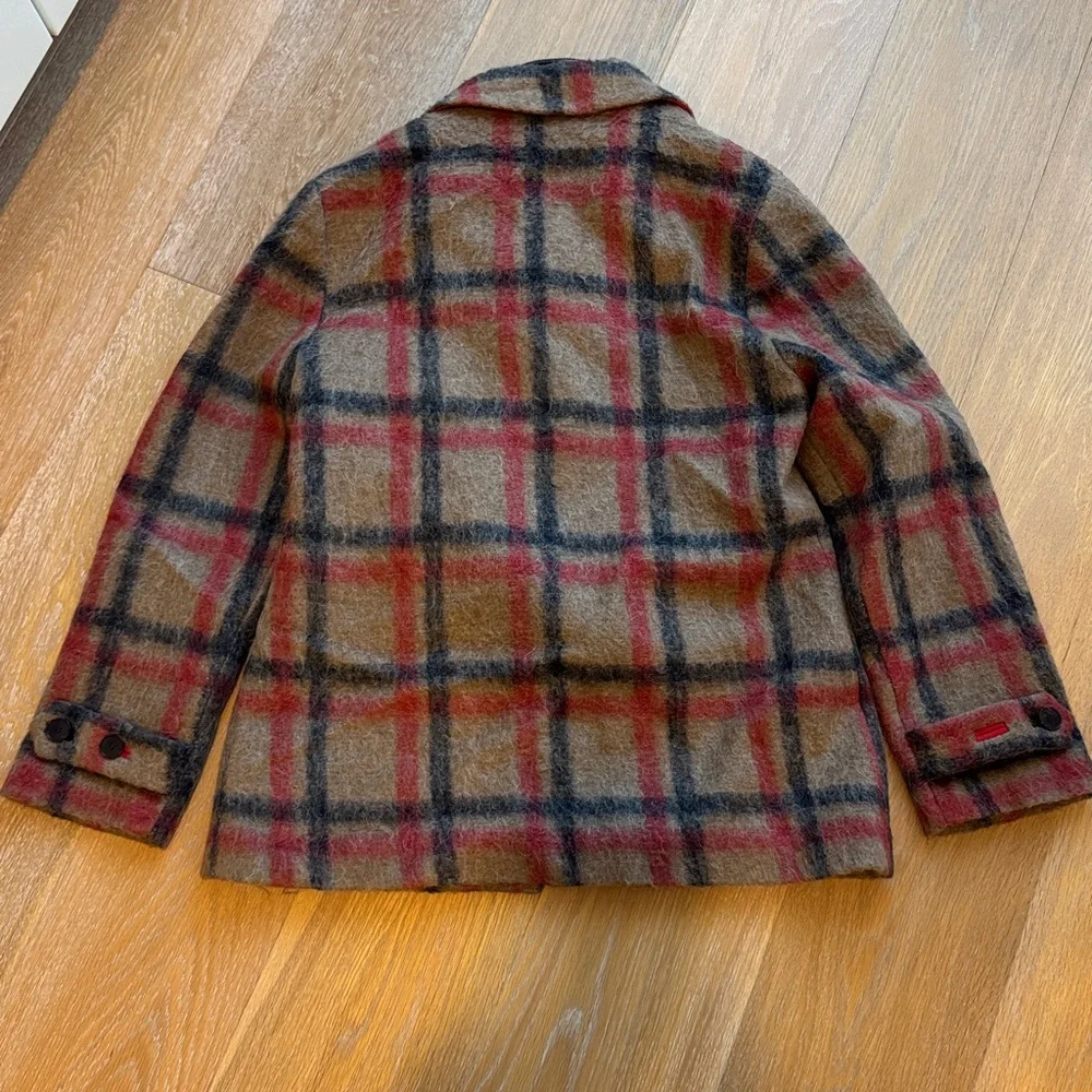 Jonathan Simkhai Grace Plaid Jacket With Denim Trucker Insert In Camel/Red/Blk